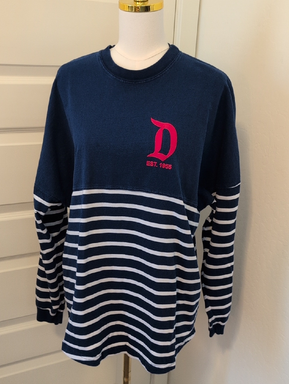 DISNEY PARKS Spirit Jersey Navy And White Stripes with Red D Disneyland Resorts